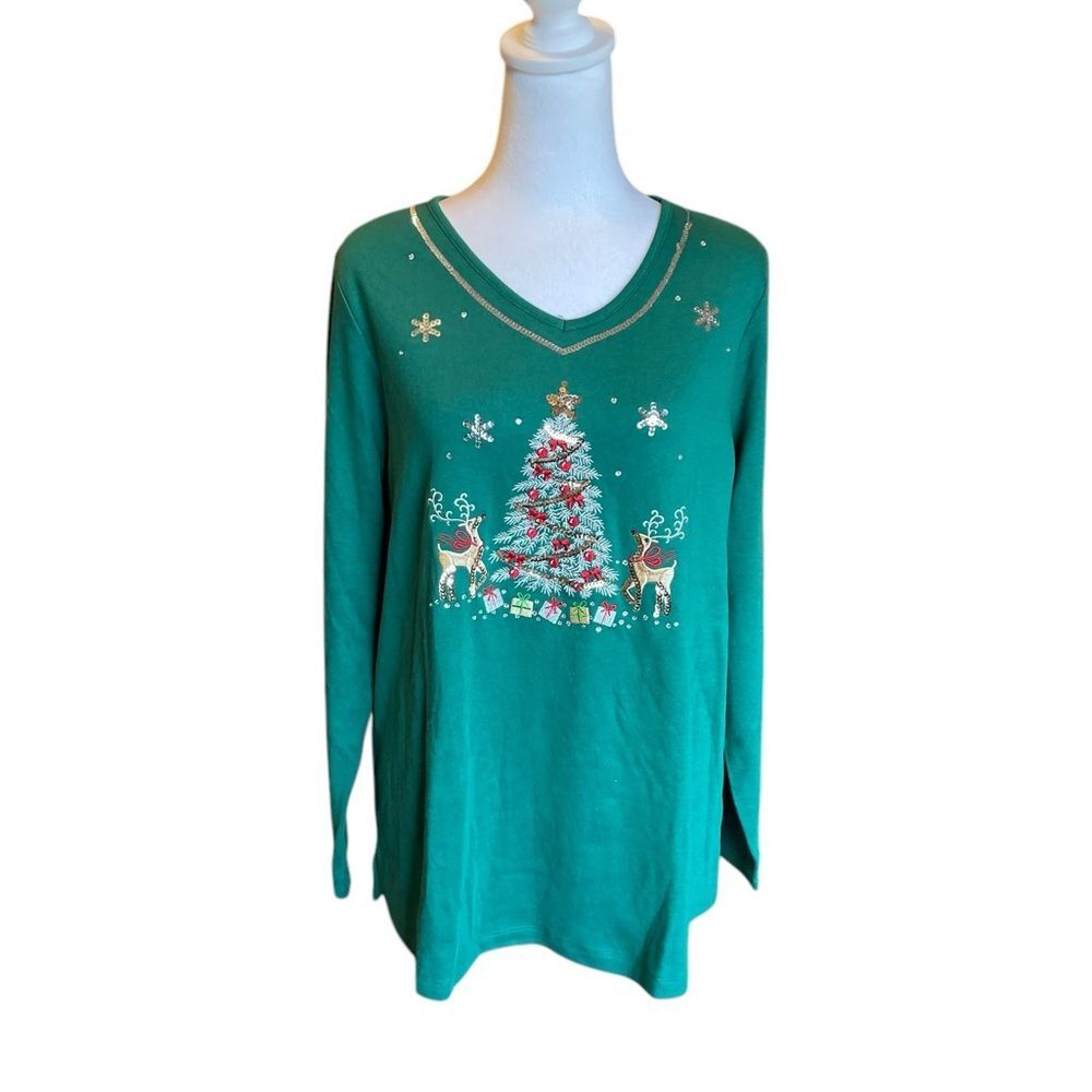 Quacker Factory Green Christmas Tree Sweater V Neck Long Sleeve Womens Large